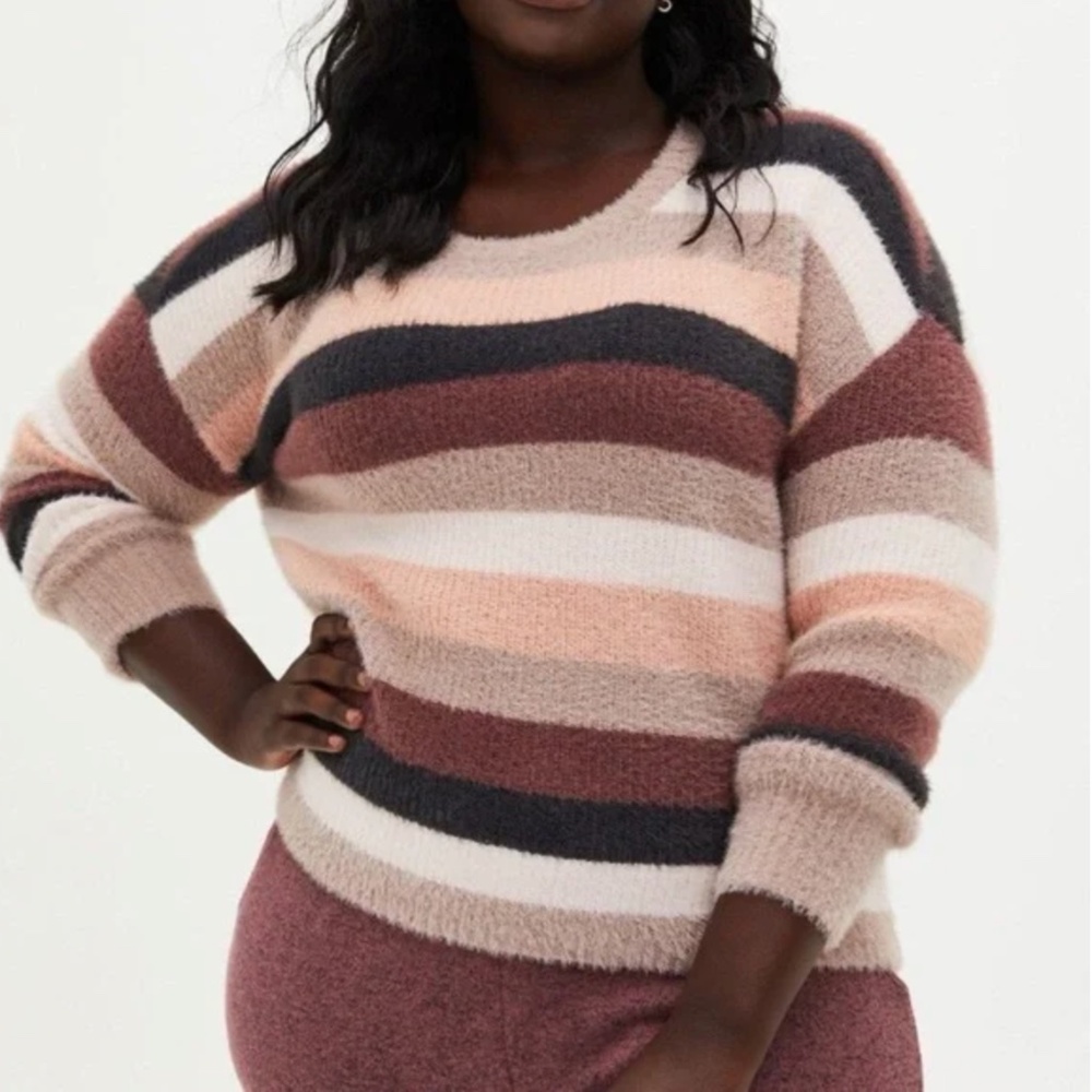 Torrid Fuzzy Striped Knit Sweater Blush Mauve Plus Size 00